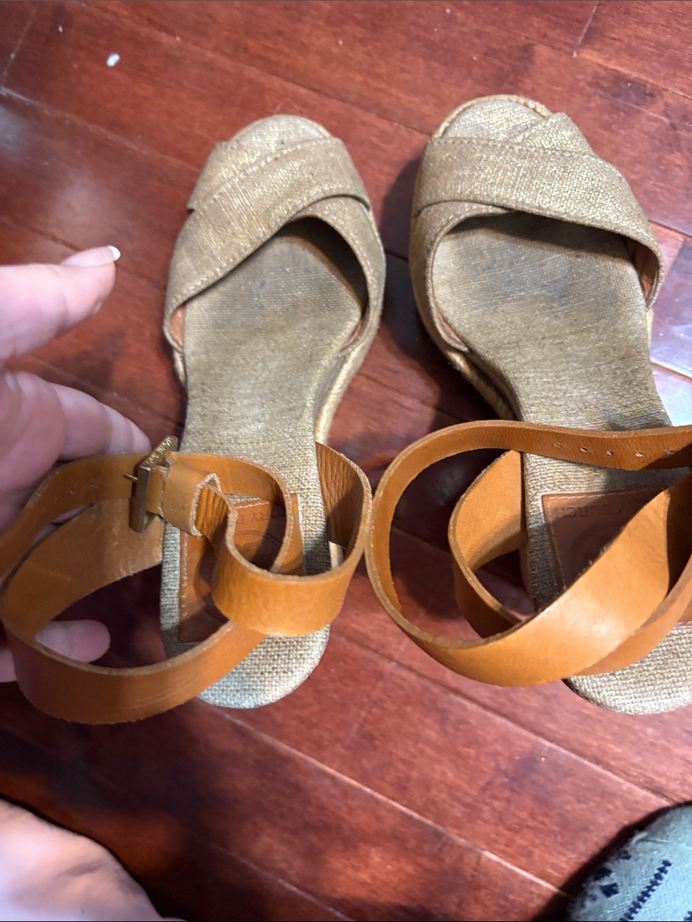 Tory Burch Gold Wedge Sandals with Tan Ankle Straps